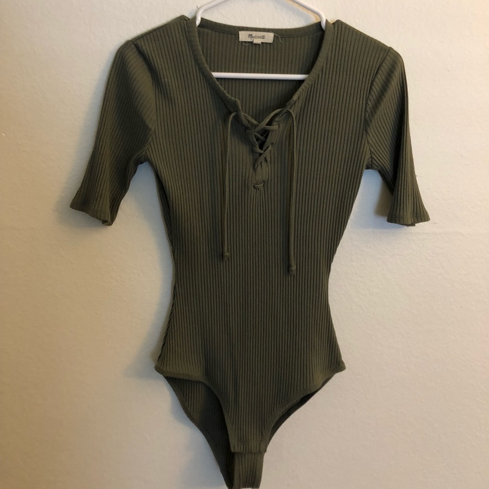 Madewell Olive Green Bodysuit Lace Up Ribbed